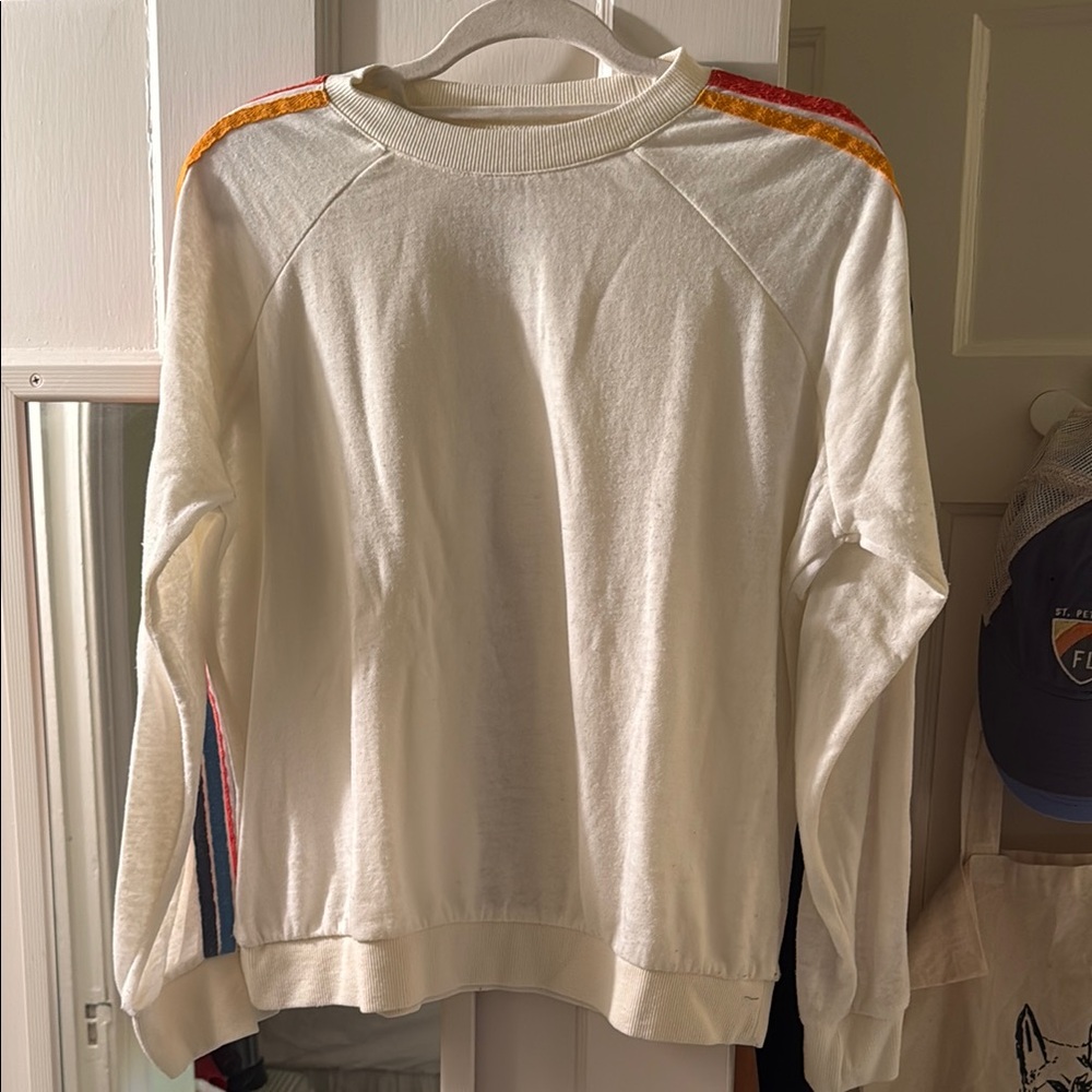 Rip Curl White and Orange Crewneck Sweater with Sporty Stripes